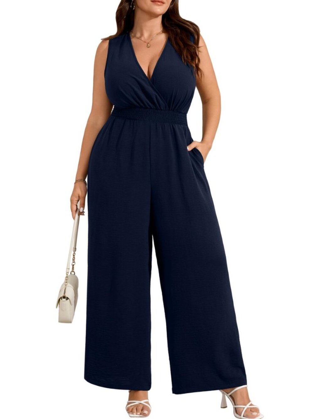 Plus Size Jumpsuits for Women Dressy Casual Zipper V-Neck with Pockets